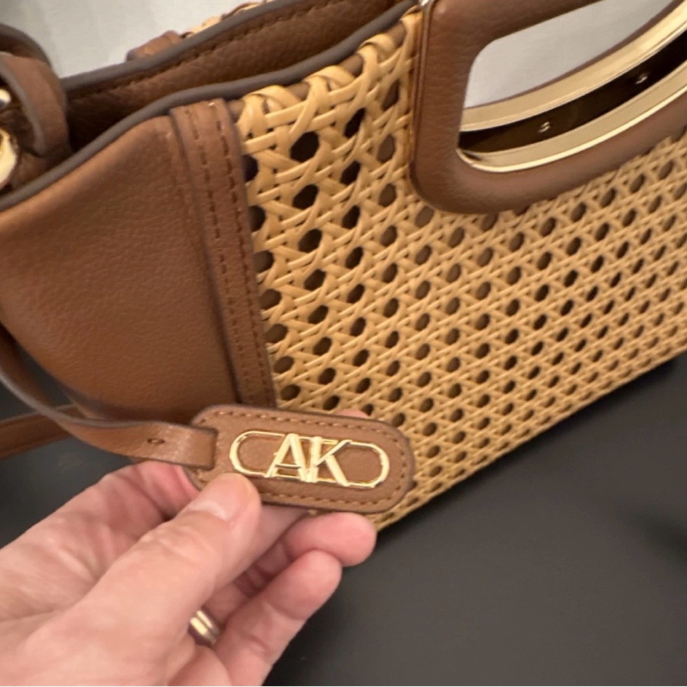 Anne Klein Woven Rattan and Tan Leather Handbag Magnetic Closure on Handles - Picture 2 of 9